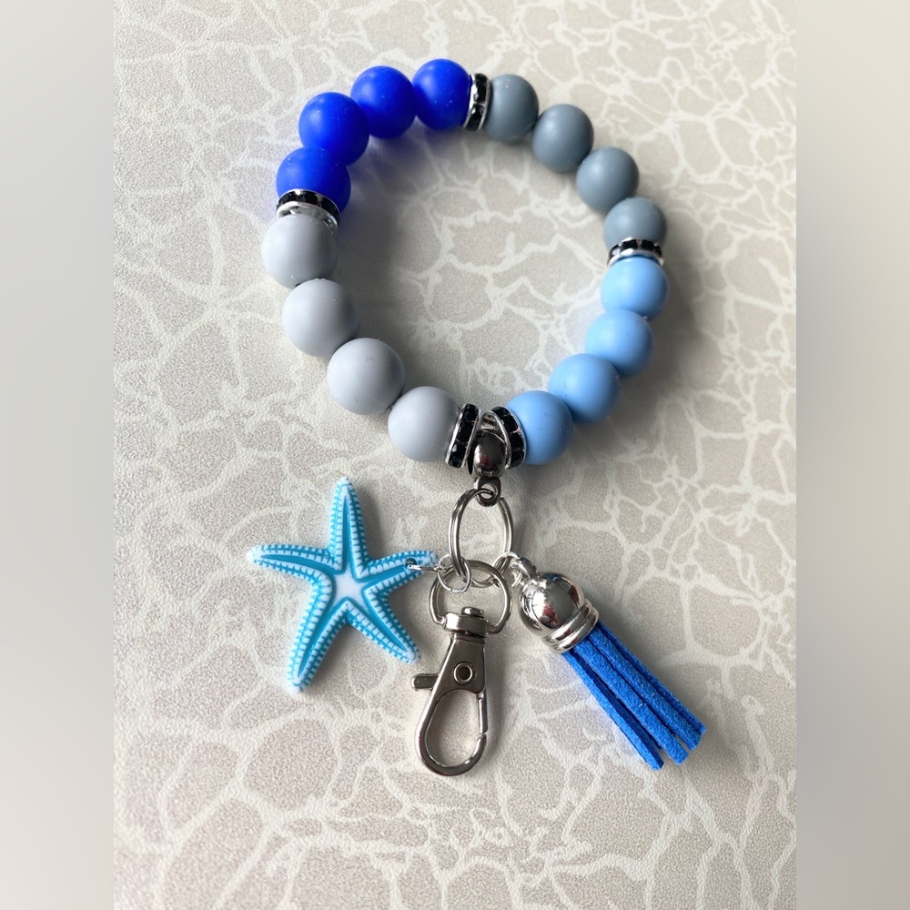 Hand Crafted Blue and Gray Nautical Wristlet Bracelet with Starfish Charm